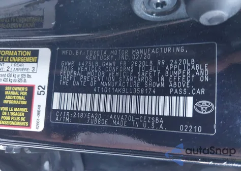 2020 Toyota Camry Se from USA, damaged, VIN 4T1G11AK9LU358174